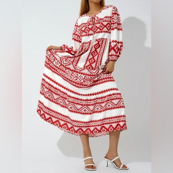 New Boho Ethic Geo Aztec Tribal Pattern Maxi Dress Loose Long Puff Sleeves Vneck - Picture 3 of 16